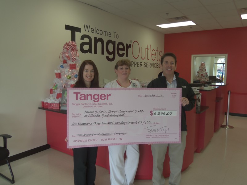 Tanger Outlet Center Ocean City donates to the Eunice Q. Sorin Diagnostic Center. Pictured are (l-r) Amy Norgate, general manager of Tanger Outlets Ocean City; Nancy Helgeson, Women's Diagnostic Center lead technologist; and Todd Ferrante, vice chair, Atlantic General Hospital Foundation. SOURCE SUBMITTED